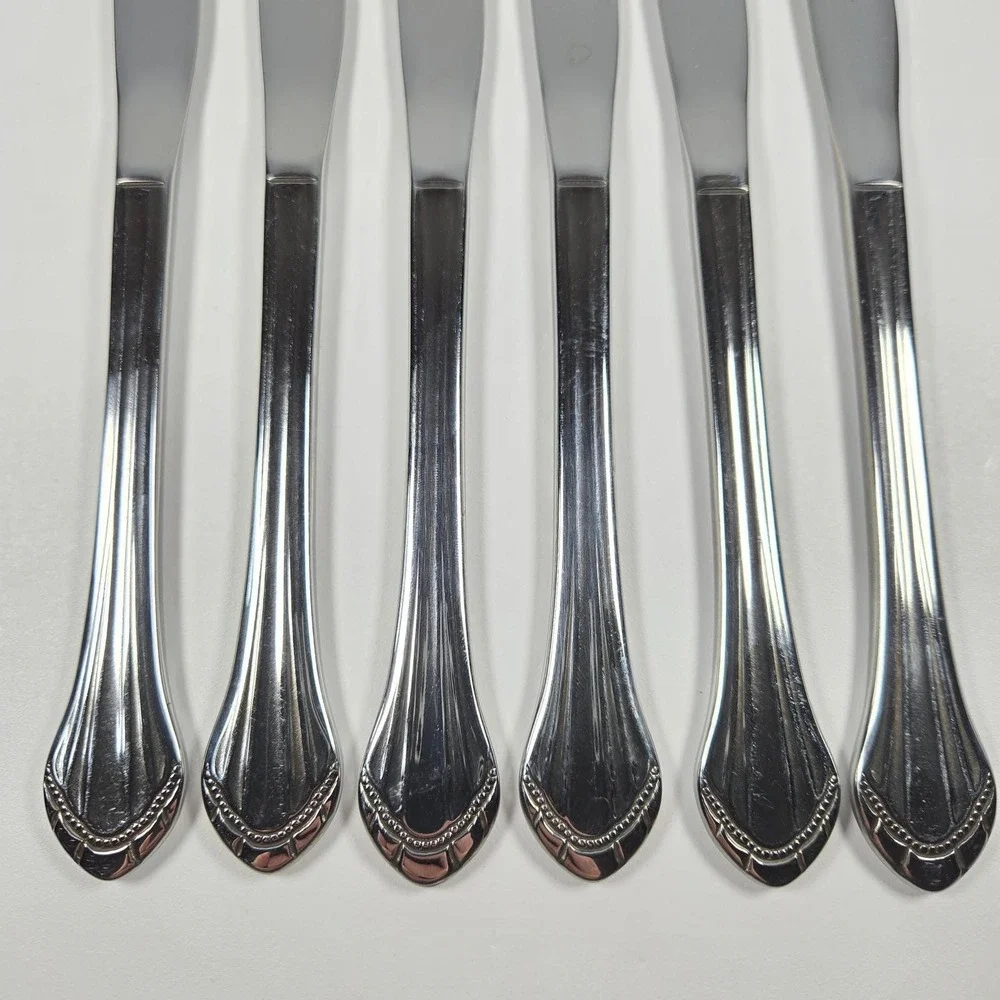 Oneida Marquette Dinner‎ Knives Flatware Stainless Beaded Fan Handle Serrated 6